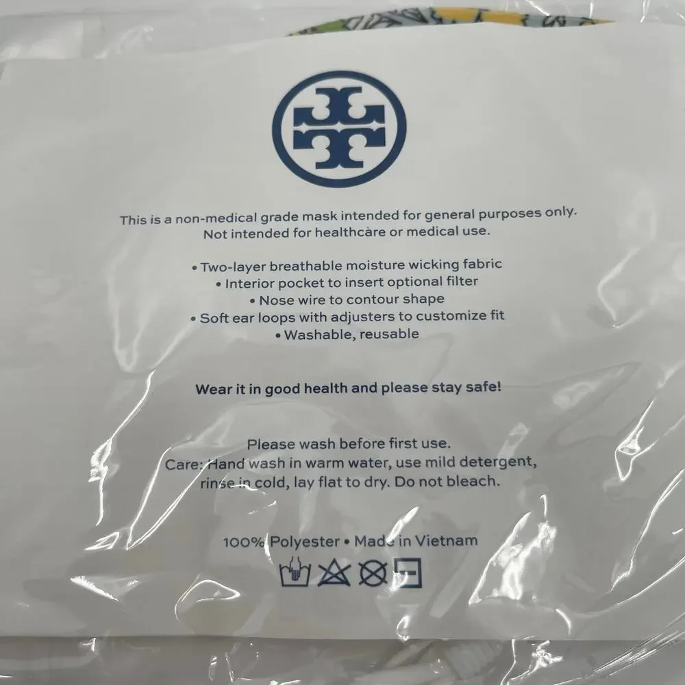 TORY BURCH Face Mask Blue Floral Print NWT Adjustable Straps Washable Reusable